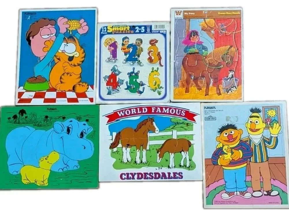 Vtg Wooden Cardboard Tray Puzzle Lot 6 Sesame Street Garfield Whitman Playskool